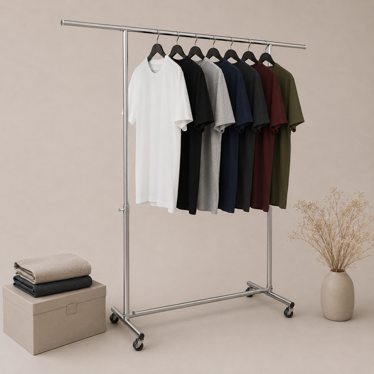 Indendørs tøjstativer i butik med tøj på bøjler