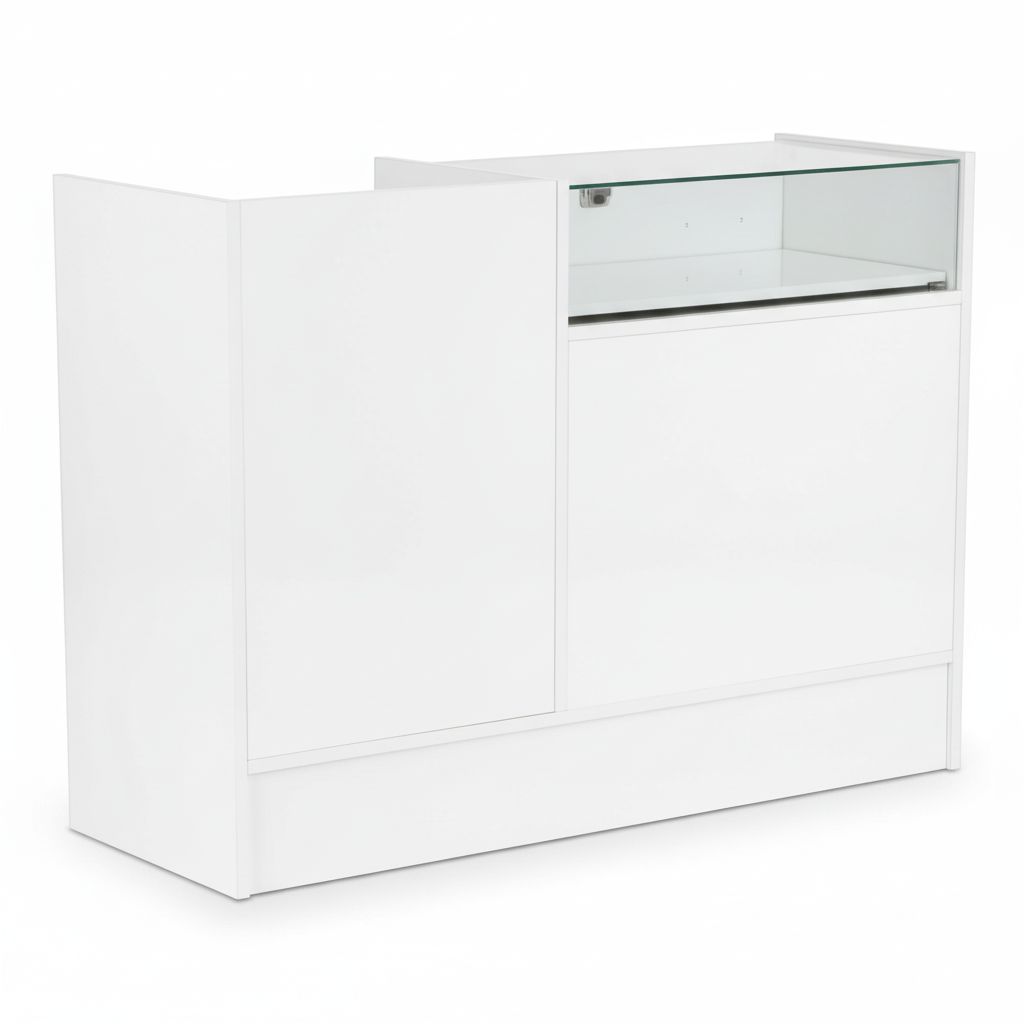 Slimline afgreiðsluborð – samsetningareining með glerplötu. Hvítt. H96 × B120 × D46 cm.