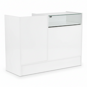 Slimline afgreiðsluborð – samsetningareining með glerplötu. Hvítt. H96 × B120 × D46 cm.