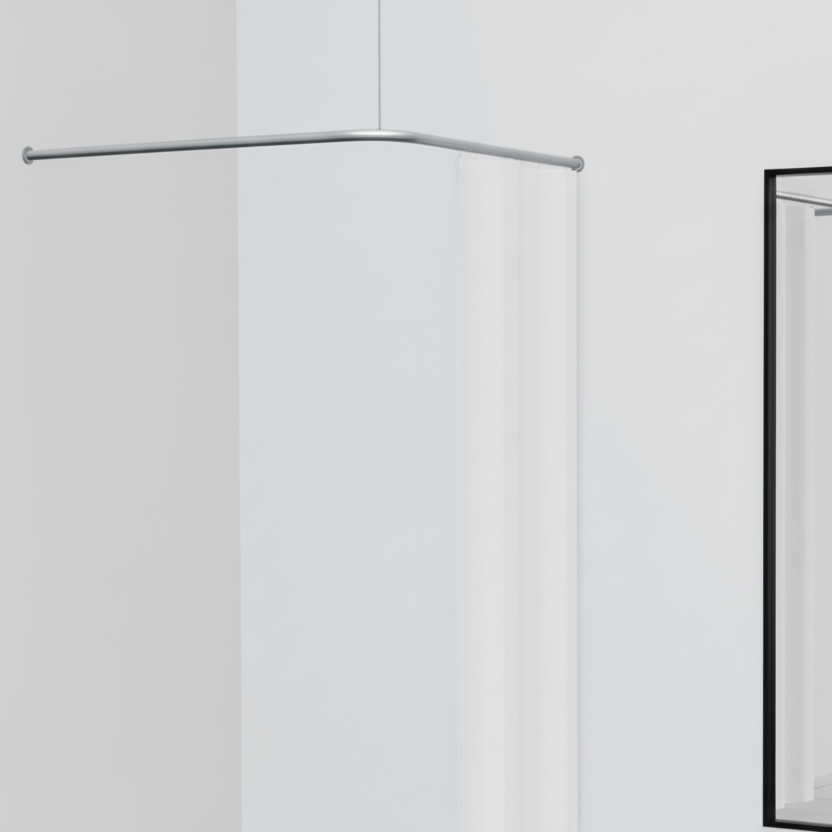 Prófunarsvæði, V-lausn (hornlausn), inkl. hvítt tjald, álfarfaður gardínupóstur. 100 x 100 cm, laust hengd