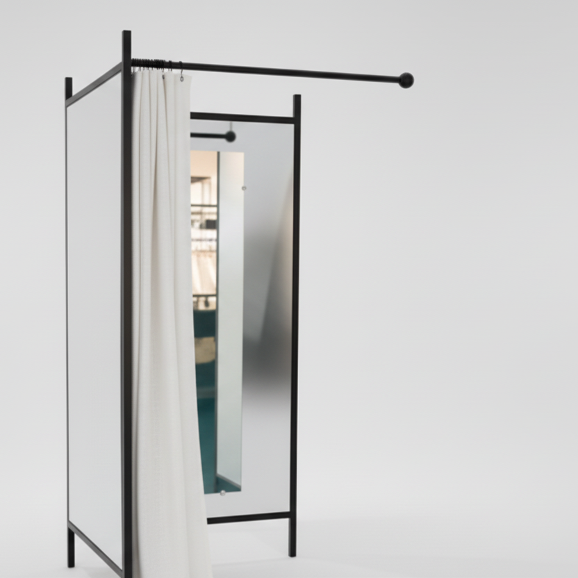 2-hliða breytingarherbergi. Sett með grind í svörtu, innifalið 1 hvítt gardín, plata í hvítu. B 100 x D 100 x H 210 cm.