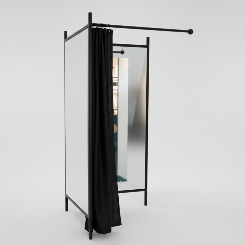 2-hliða búningsherbergi. Sett með fítti í svörtum, innifalið 1 svört gardína, spjald í hvítu. B 100 x D100 x H 210 cm.