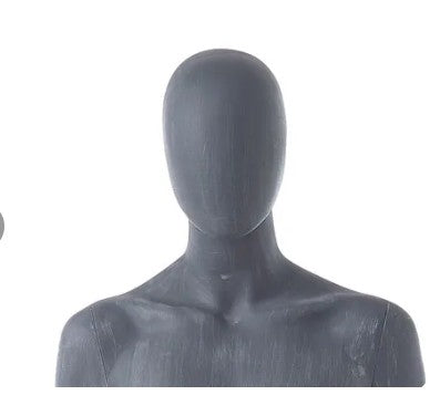 Kvenmannslíkan. Grátt, matt yfirborð (hrá frágangur) með andlitslausu höfði. H184 cm. Málmfótplata
