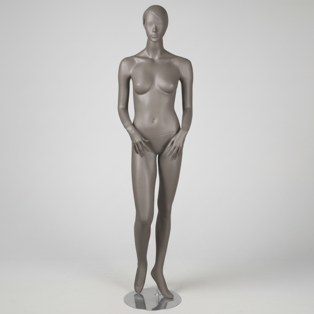 Dömugína - 1400. Mattgrá með höfði, andlitsdráttum og mótuðu hári. Hæð 178 cm. Hendur fyrir framan líkama.