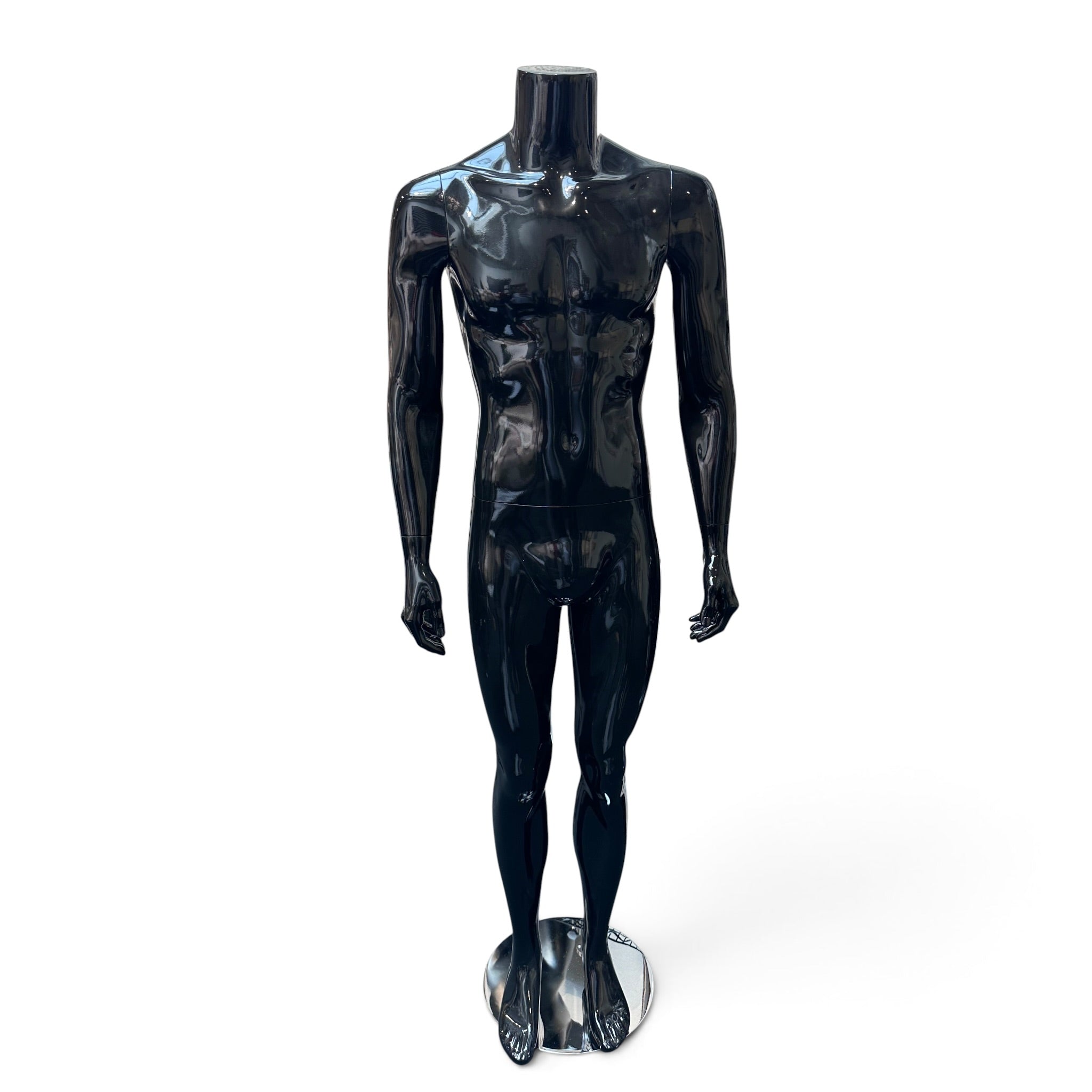 Herragína – Family. Svört háglans, án höfuðs. Kringlótt glerfótplata. Hæð 175 cm. Gerð B – stendur upprétt.