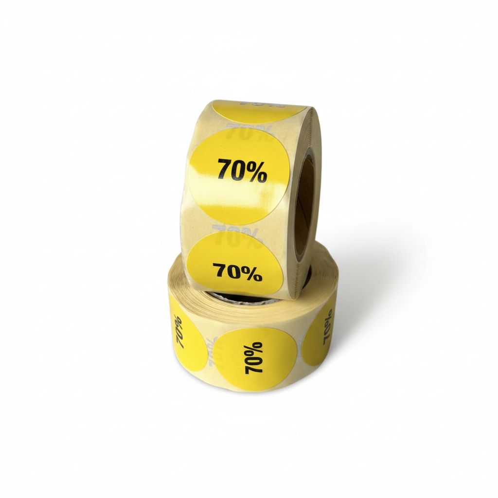 Gulur afsláttarlímmiði með 70% áprentuðu. Rúlla með 500 stk. Ø 30 mm.