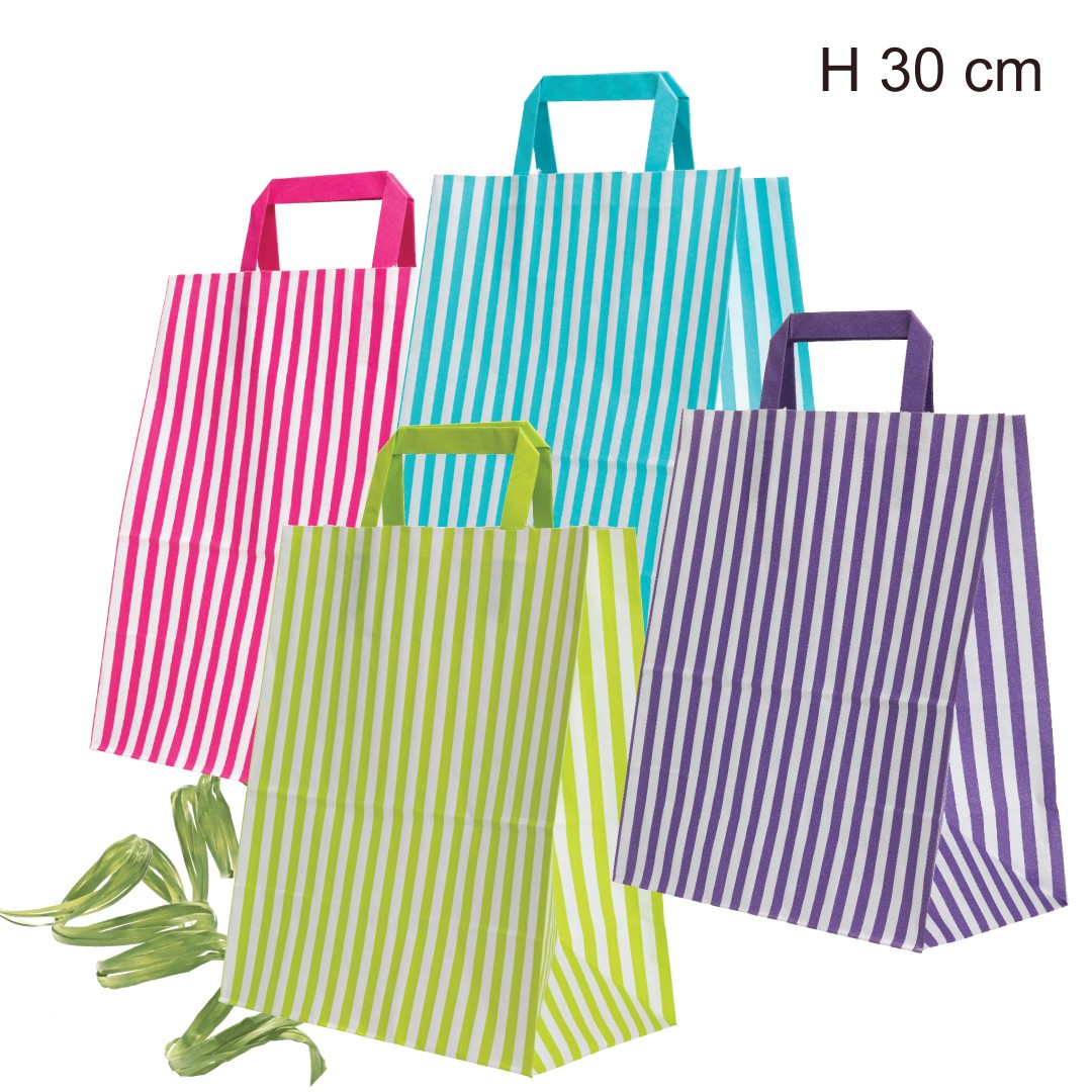 Pappírspoki. Röndóttur. Límónugrænn. B25 × D14 × H30 cm. 50 stk. 80 g/m².