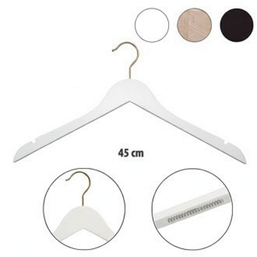 Hvid flad voksen træbøjle med hak til butik, 45 cm