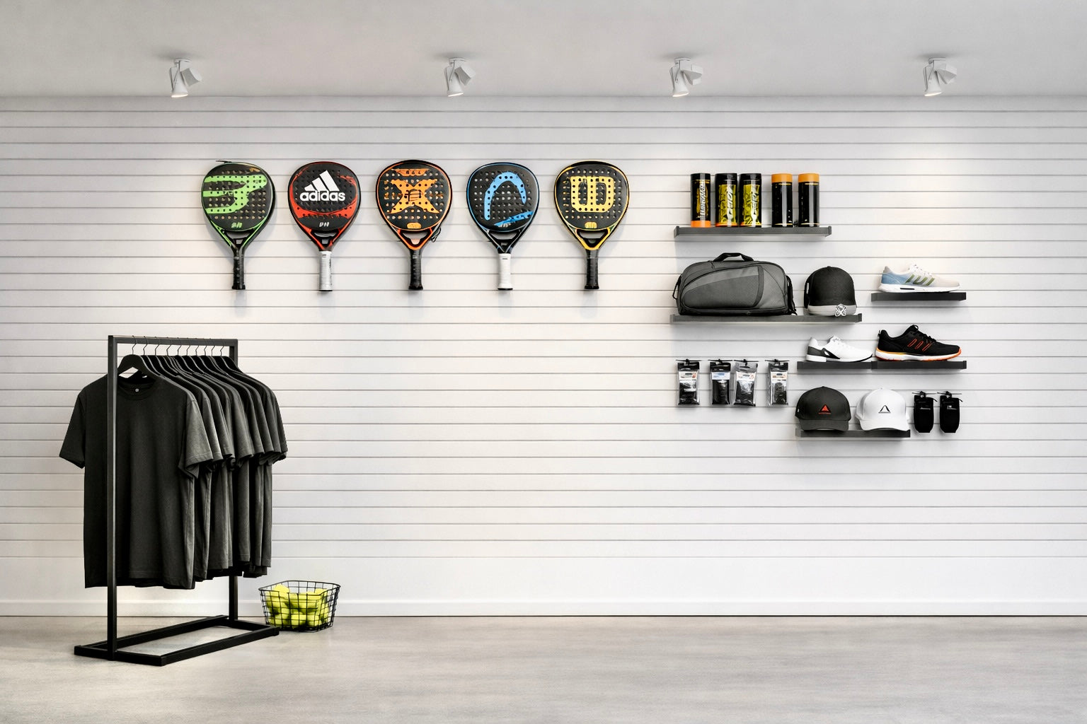 Raufapanilsett, Padel-veggur með fatahengi. Raufapanilveggur B360 cm x H240 cm.