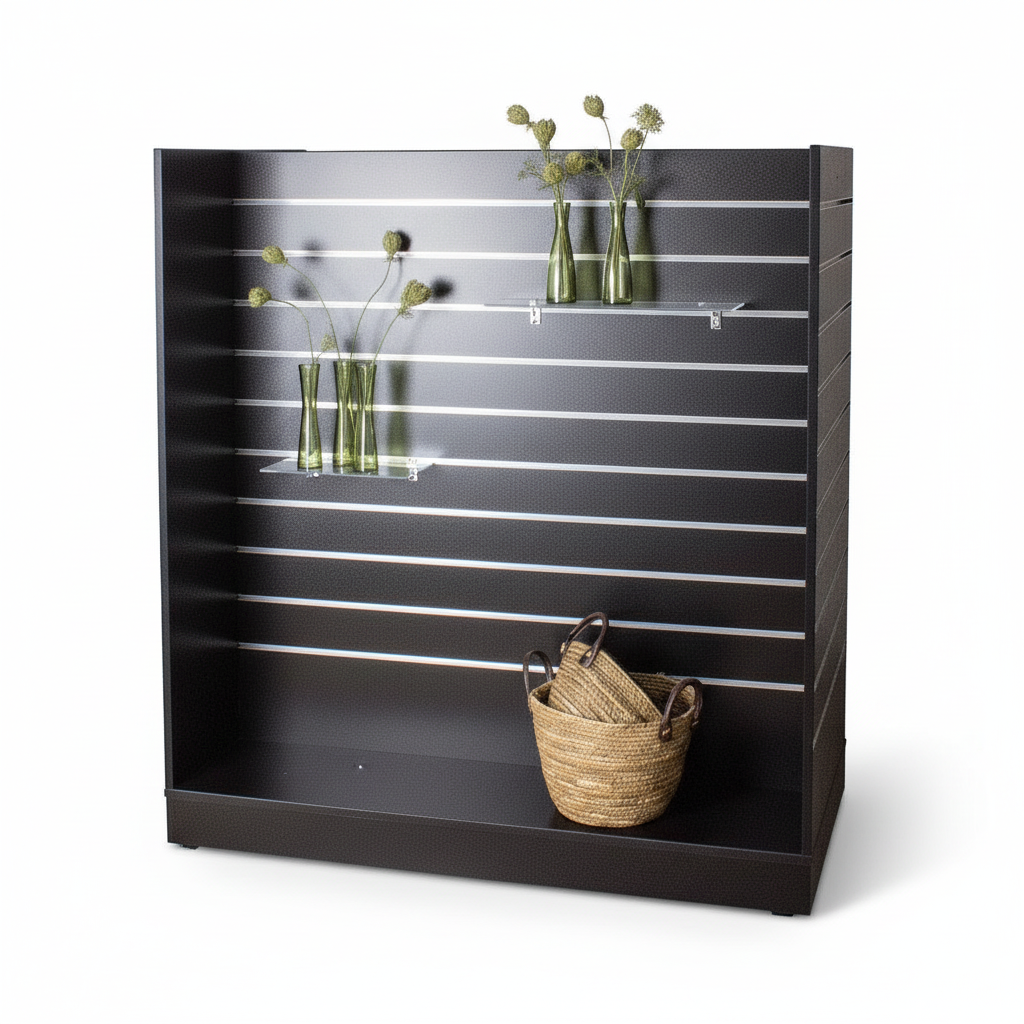 H-gólfstandur með raufapanil, svartur, með 10 cm bili á milli raufa, 124,6 × 60 × H132 cm með hjólum
