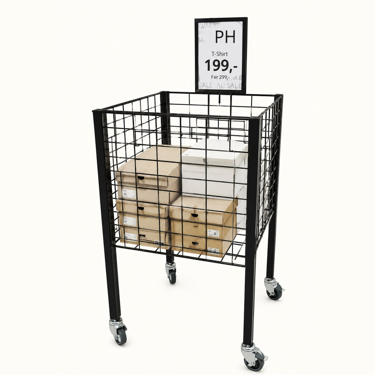 Boxer I sölukarfa með hjólum og stillanlegum botni – svört, B50 × D50 × H90 cm.