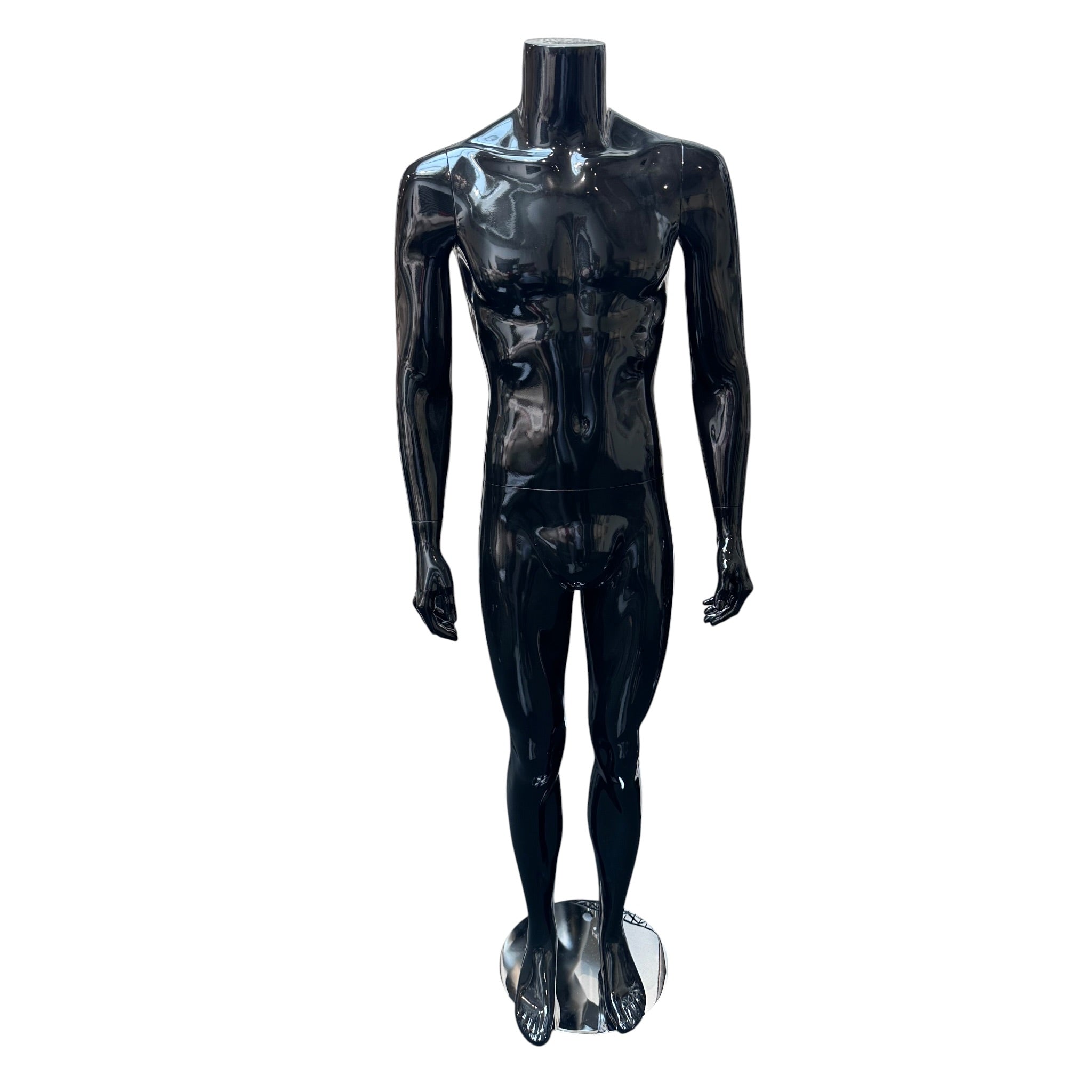 Herragína – Family. Svört háglans, án höfuðs. Kringlótt glerfótplata. Hæð 175 cm. Gerð B – stendur upprétt.