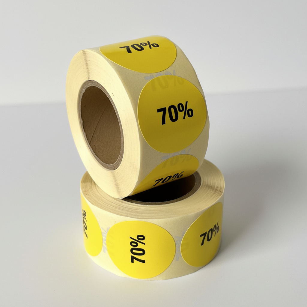 Gulur afsláttarlímmiði með 70% áprentuðu. Rúlla með 500 stk. Ø 30 mm.