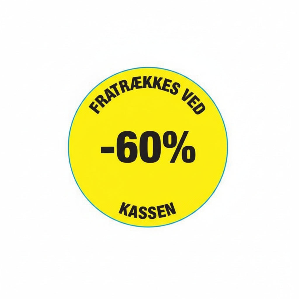 Gult rabatmærkat 60%. Rulle med 500 stk. Ø 30 mm.
