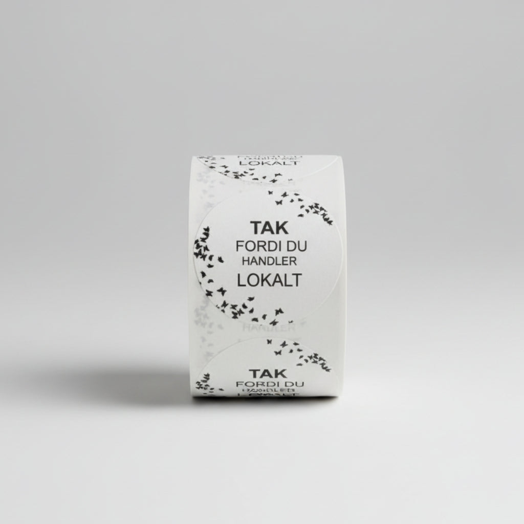 Hringlaga límmiði. 500 stk. á rúllu. TAKK FYRIR AÐ VELA STAÐARLEGA