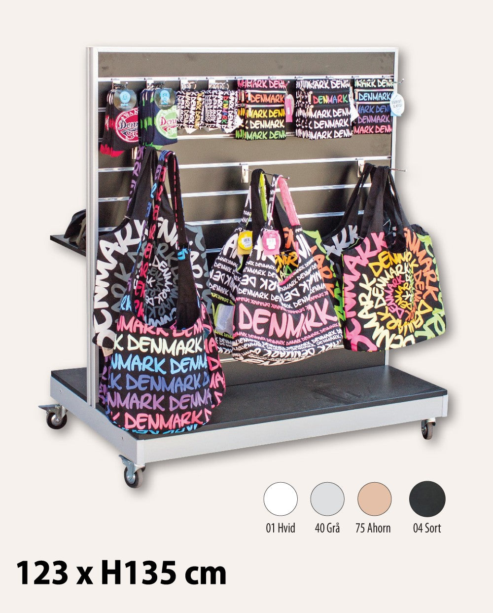 Tvíhliða gondóla með rilleplötu í álfarða málmramma. Svart, B 120 x H 135 cm. Rillespássía: 10 cm