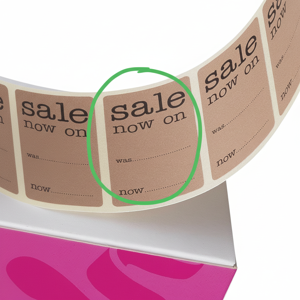 Merkimiðar, Sale now on, 2,5 x H4,4 cm, rúlla með 500 stk.