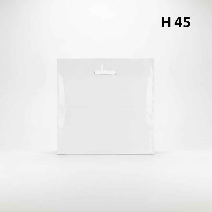 Plastpoki, stór, hvít, pk. með 100 stk., 50 míkró, B 56 X D/BF 10 X H 45 cm., styrktir handfang
