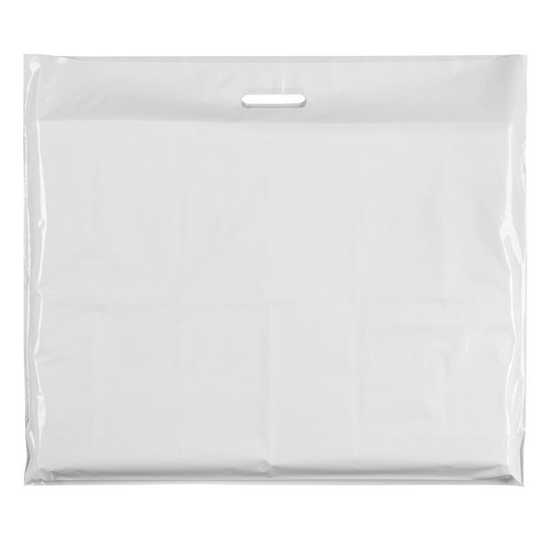 Plastpoki, mjög stór, hvítur, pk. með 100 stk., 60 míkrón, B 70 x D/BF 15 x H 60 cm., styrktir handföng
