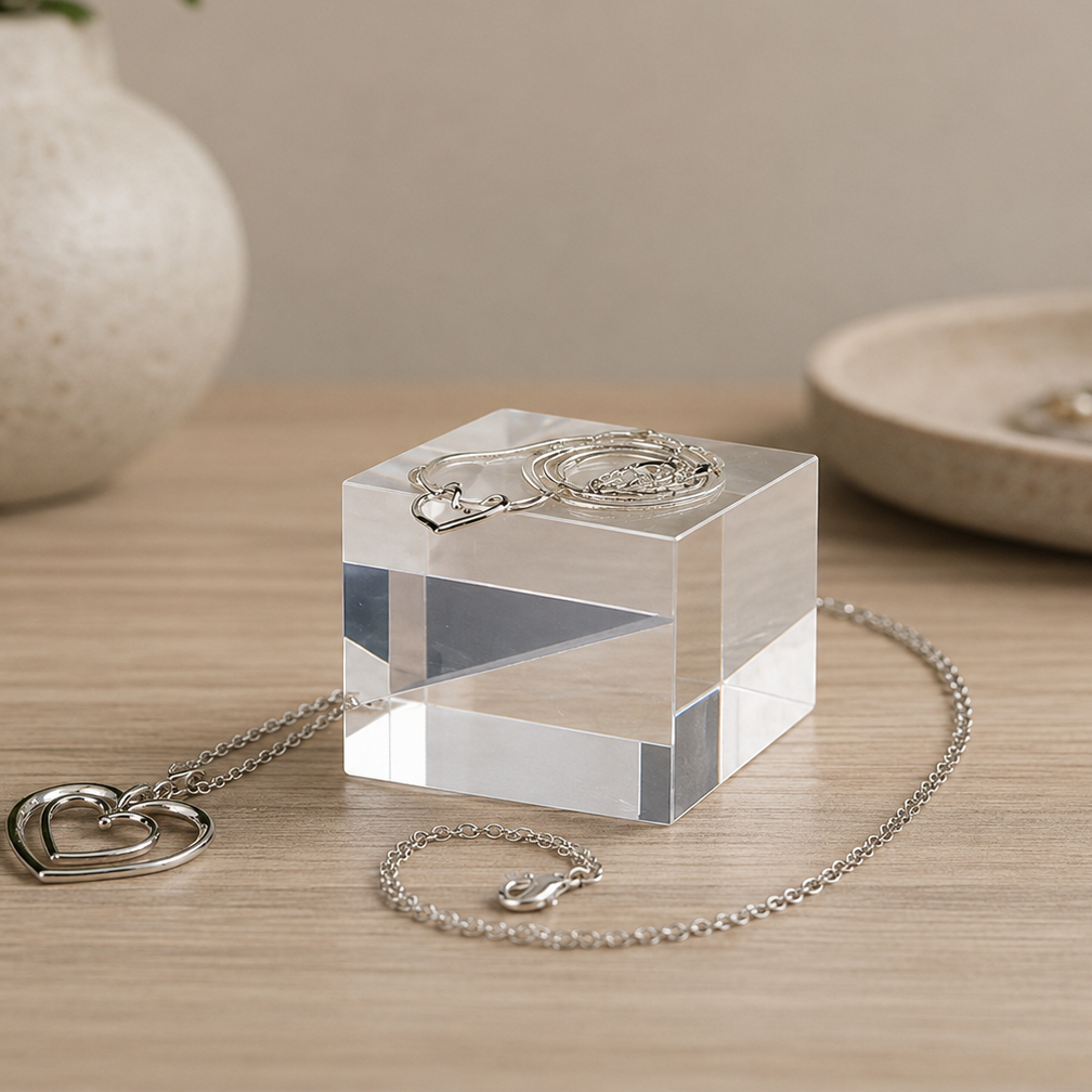 Akrýlstallur fyrir skartgripi. Glært akrýl. 5 × 5 × H4 cm.