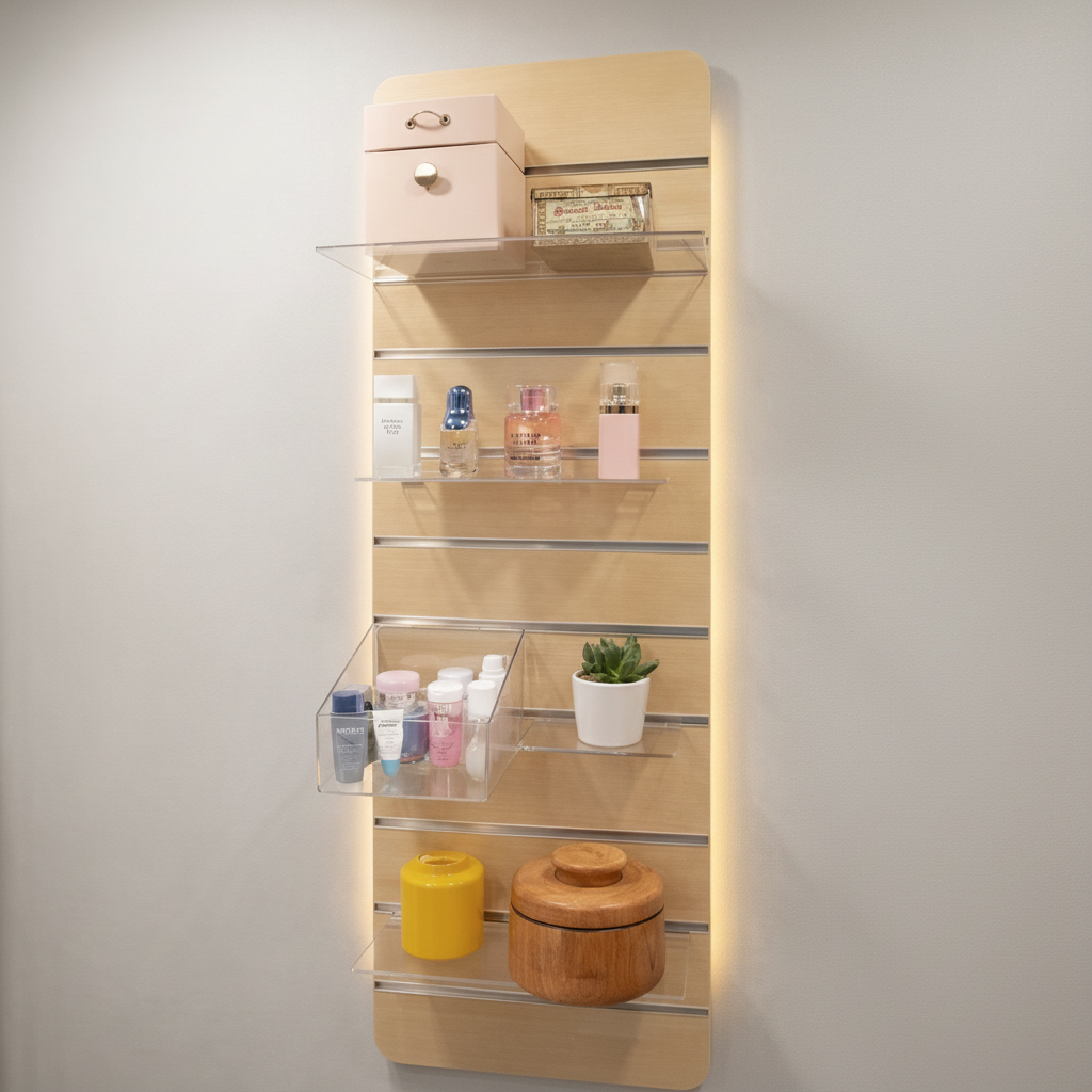 Smáhlutaveggur á raufapanil með fylgihlutum