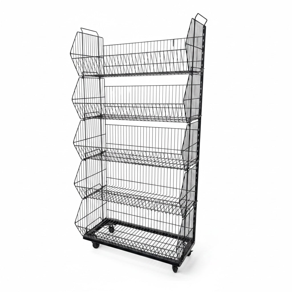 Staflanleg körfueining með 5 körfum og hjólum – mattsvört, 81 × 43 × H160 cm.