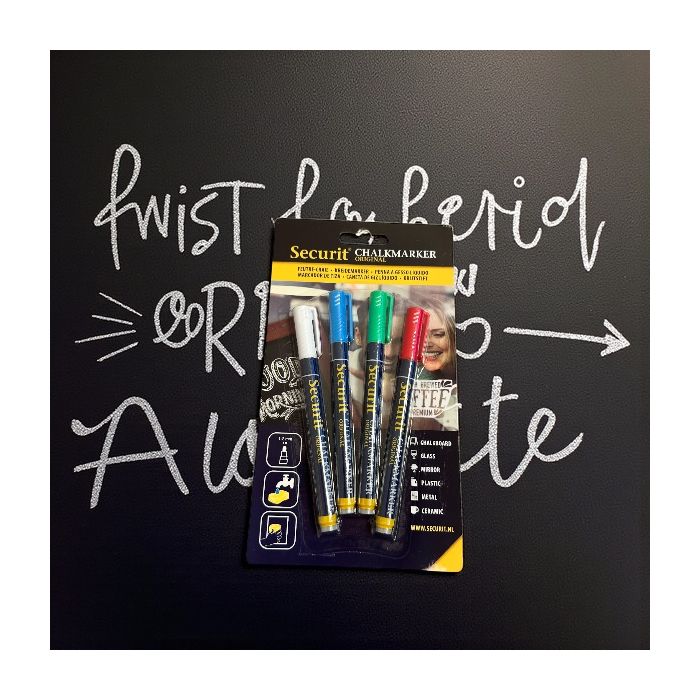 Tuskpenni, krít-tuskur fyrir töflur og gler, rauður, blár, grænn og hvítur, 4 stk., 1–2 mm