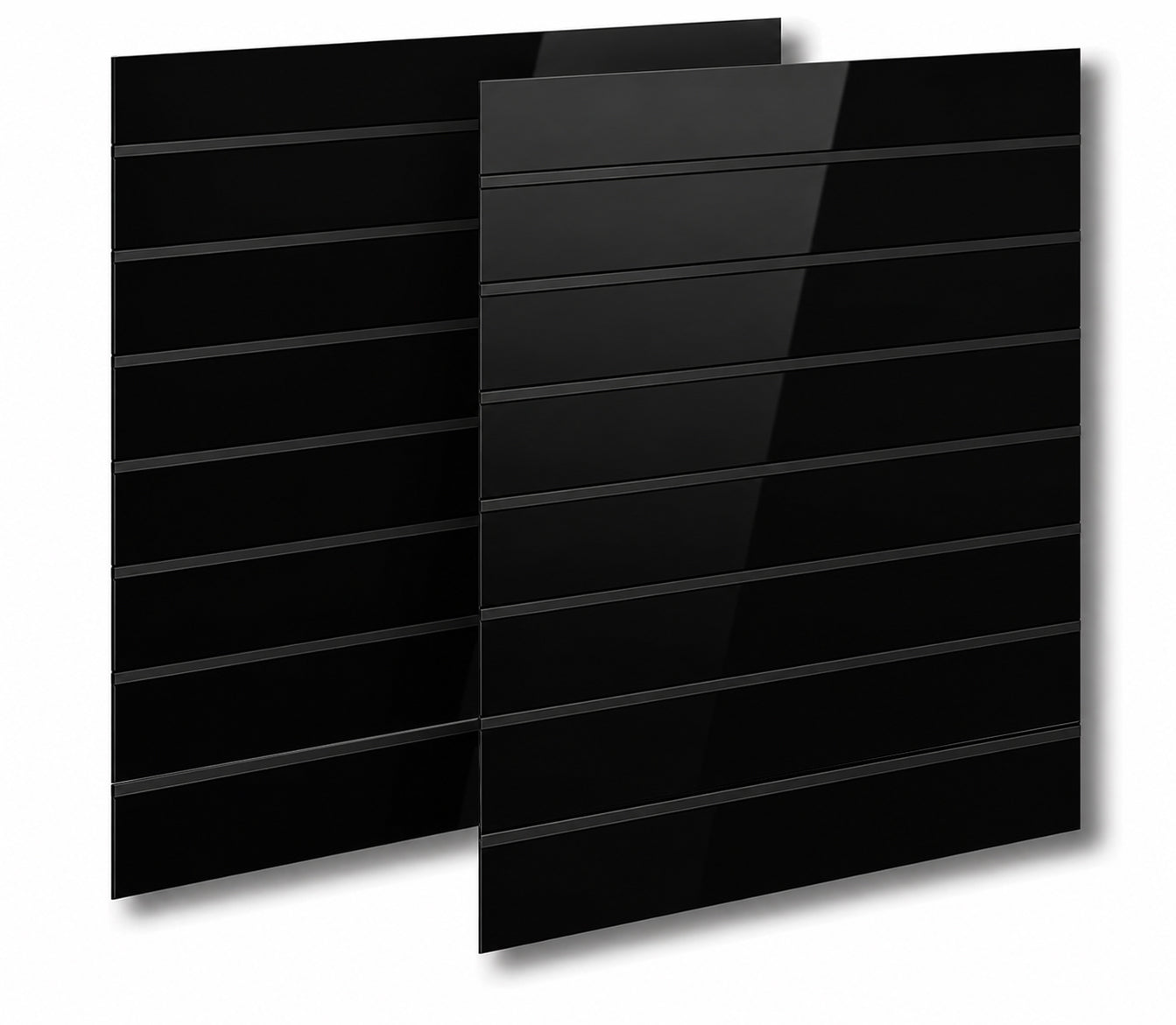 Rifluð panelplata, svartur háglans, bil milli rifa 15 cm, 120 x 240 cm. Með svörtum plastlistum