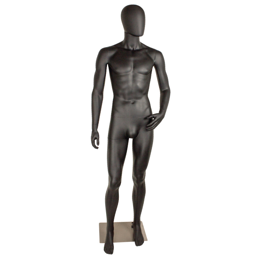 Standard klesstativ herre, størrelse D, med bøjede arm, hoved uden ansigtstræk og børstet satin metalfodplade, sort