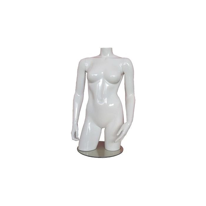 Kvindetorso i fiberglas. Hvid high gloss uden hoved. Torso med hofter. På fodplade.