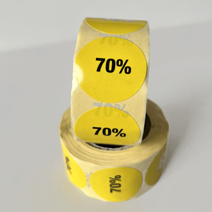 Gulur afsláttarlímmiði með 70% áprentuðu. Rúlla með 500 stk. Ø 30 mm.