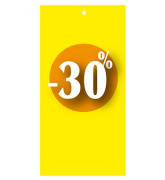 Afsláttarmerki 30% í miðaformi fyrir merkingarpistil. gulur