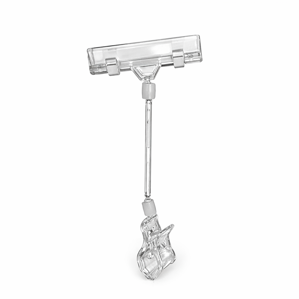 Clear Grip skilteholder med bred klemme i klar akryl, 20 cm