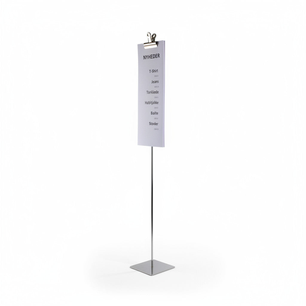 Skiltahaldari með klemmu, króm, fótplata 10 x 10 cm, H73 cm