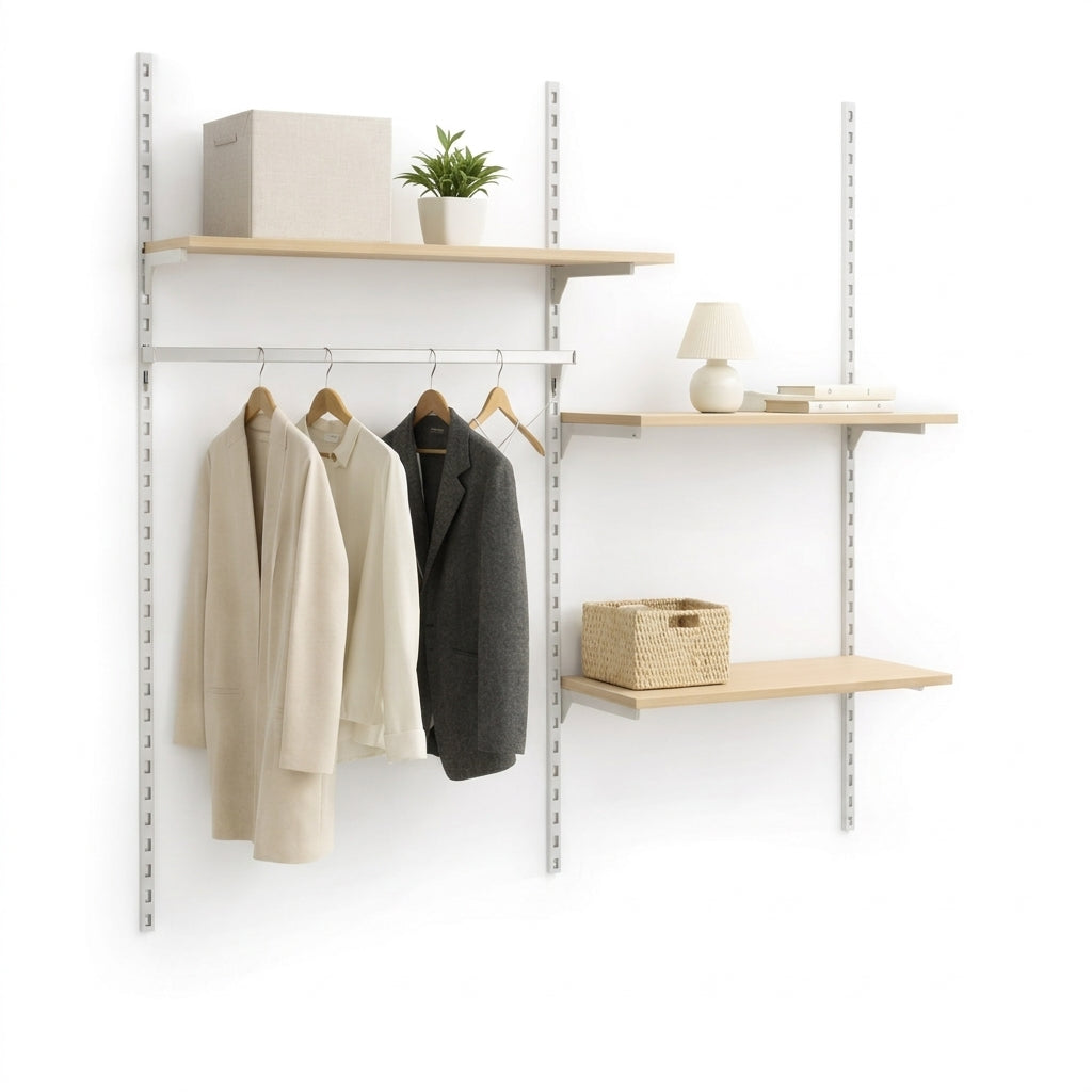 Veggsett með hvítum Framework veggstoðum, beykihillum og fatastöng. Mál: um 185 × H244 cm. Eins og sýnt er á mynd. Hentar vel í forstofu, fataskáp og fataherbergi.