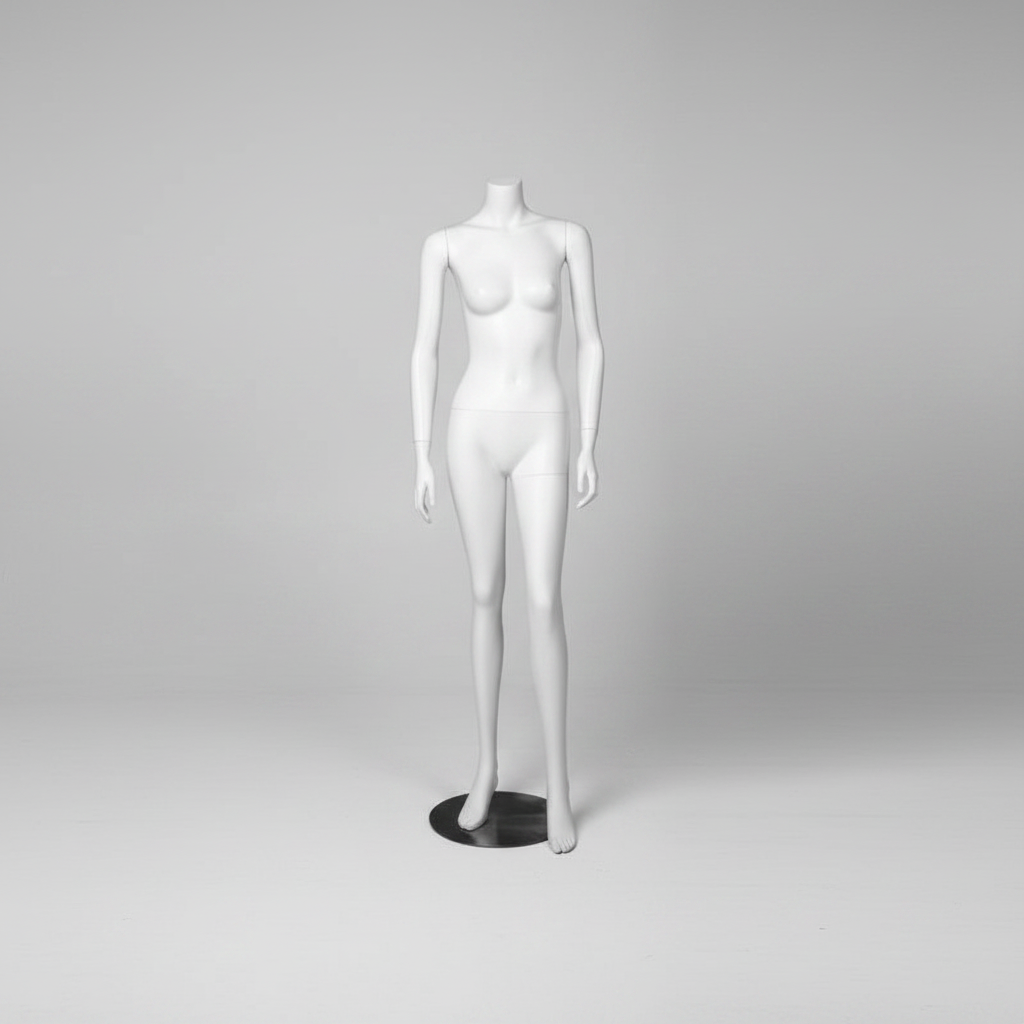 3000 kvennmanekína. Hvít án höfuðs. Hringlaga málmfótur. H 162 cm.