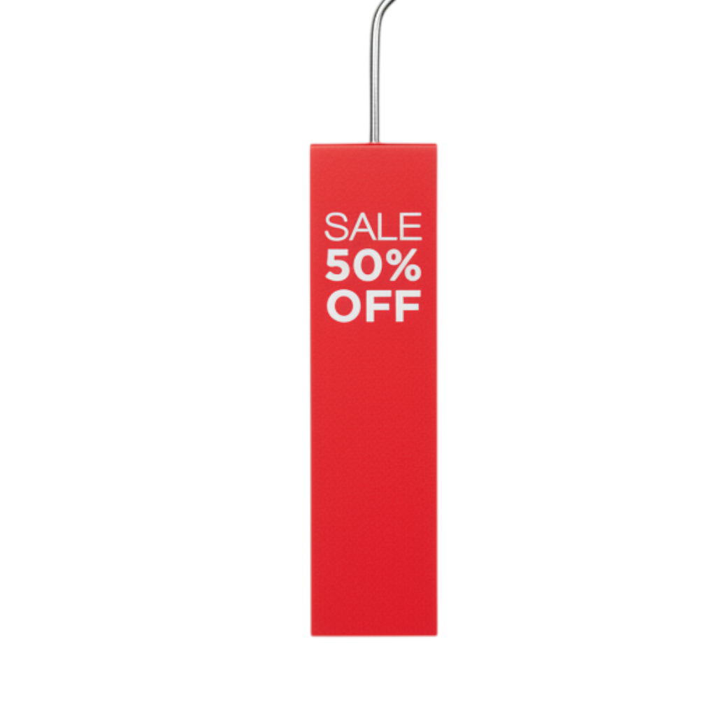SuperSellerS rødt bøjle tag i vinyl med hvid SALE 50% OFF tekst til tøjstativer