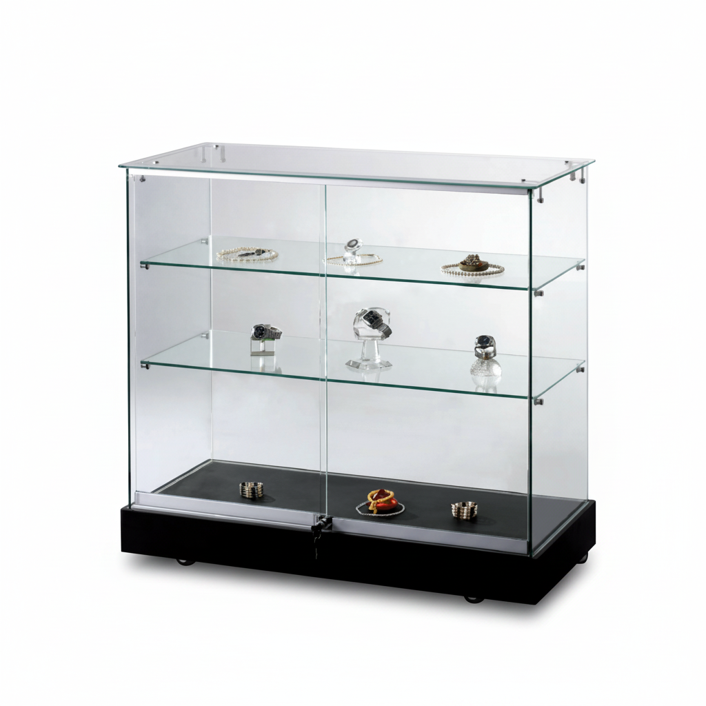Glerskápur – afgreiðsluborð Toscana 3. Svartur. B102 × D46 × H90 cm.