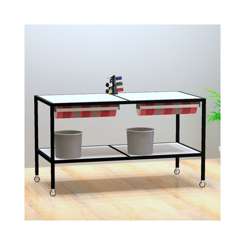 Luton pakkuborð á hjólum með hvítum melamínplötum, svartgrind, 160 x 80 x H80 cm. Með fylgihlutum