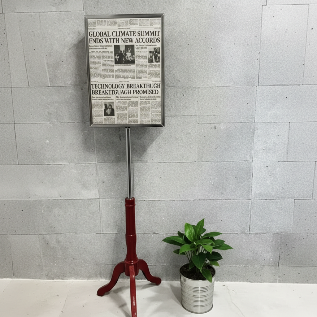 Franskur skiltifótur, mahagóní, A4 ramma í krómi.