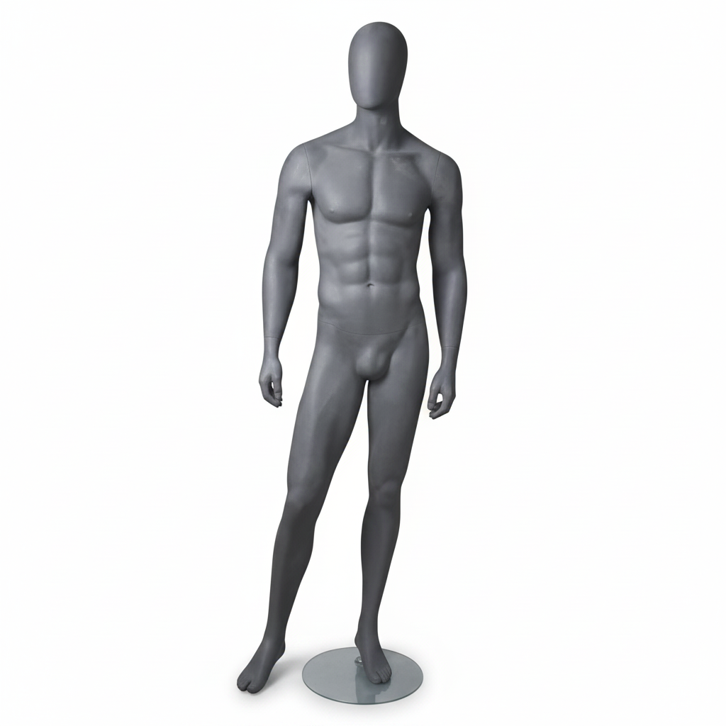 Herragína - 1600. Mattgrá með höfði án andlitsdrátta. Hæð 184 cm. Málmbotnplata.