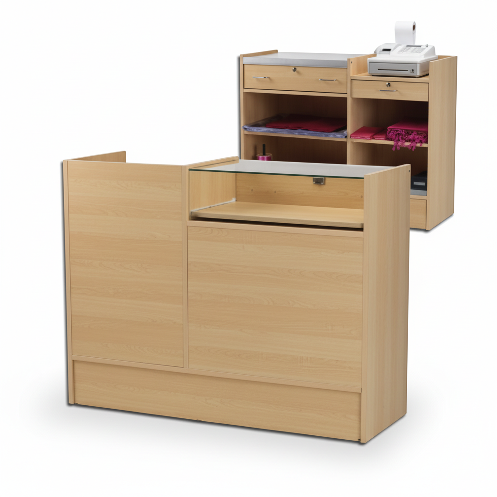 Slimline afgreiðsluborð – samsetningareining með glerplötu. Hlynur. H96 × B120 × D46 cm.