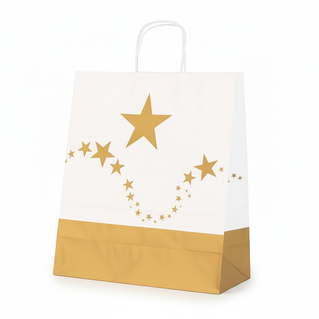 Pappírspoki með gullstjörnum. B35 × D14 × H40 cm – pakki með 25 stk.