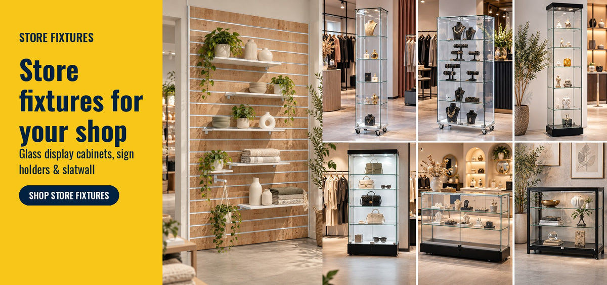 Store fixtures – glass display cabinets, sign holders and slatwall