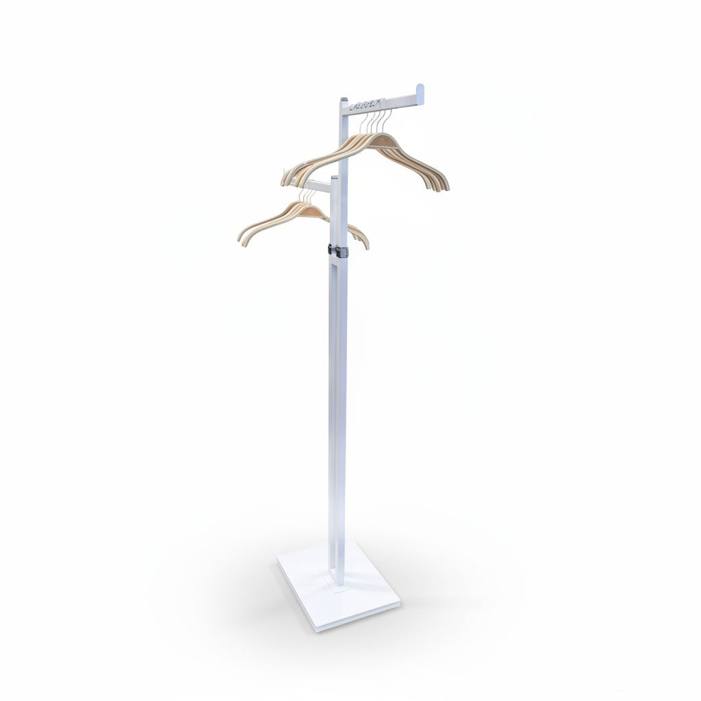 SuperSellerS adjustable white floor clothing rack with two straight chrome arms and wooden hangers