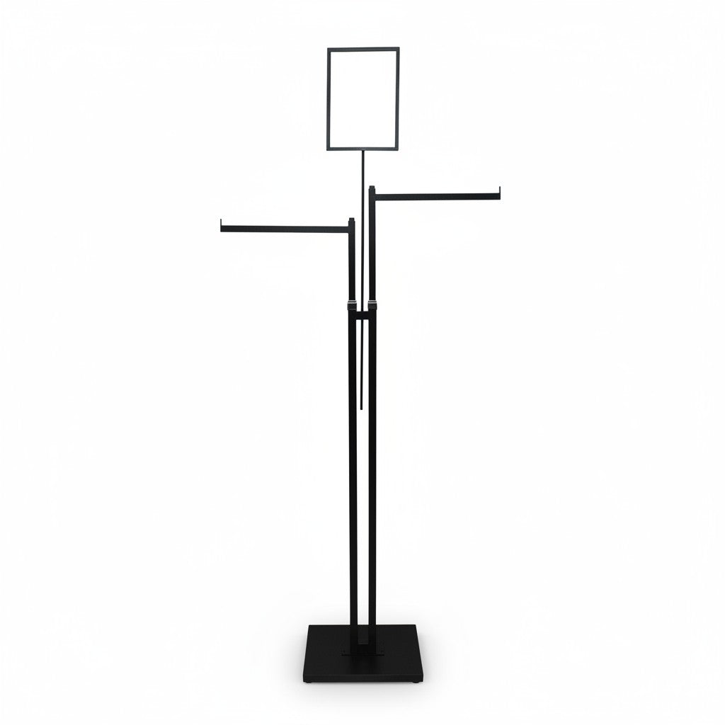 SuperSellerS black adjustable floor clothing rack with two straight arms and a sign holder on a stable base