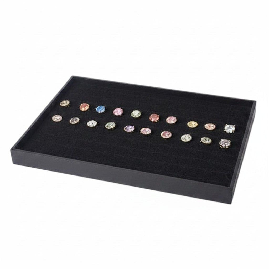 SuperSellerS black flocked jewelry tray with 7 rows for organizing rings, displayed on a white background.
