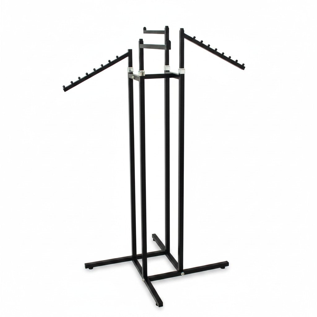 SuperSellerS black height-adjustable Joy clothing display rack with two straight and two slanted arms on white background
