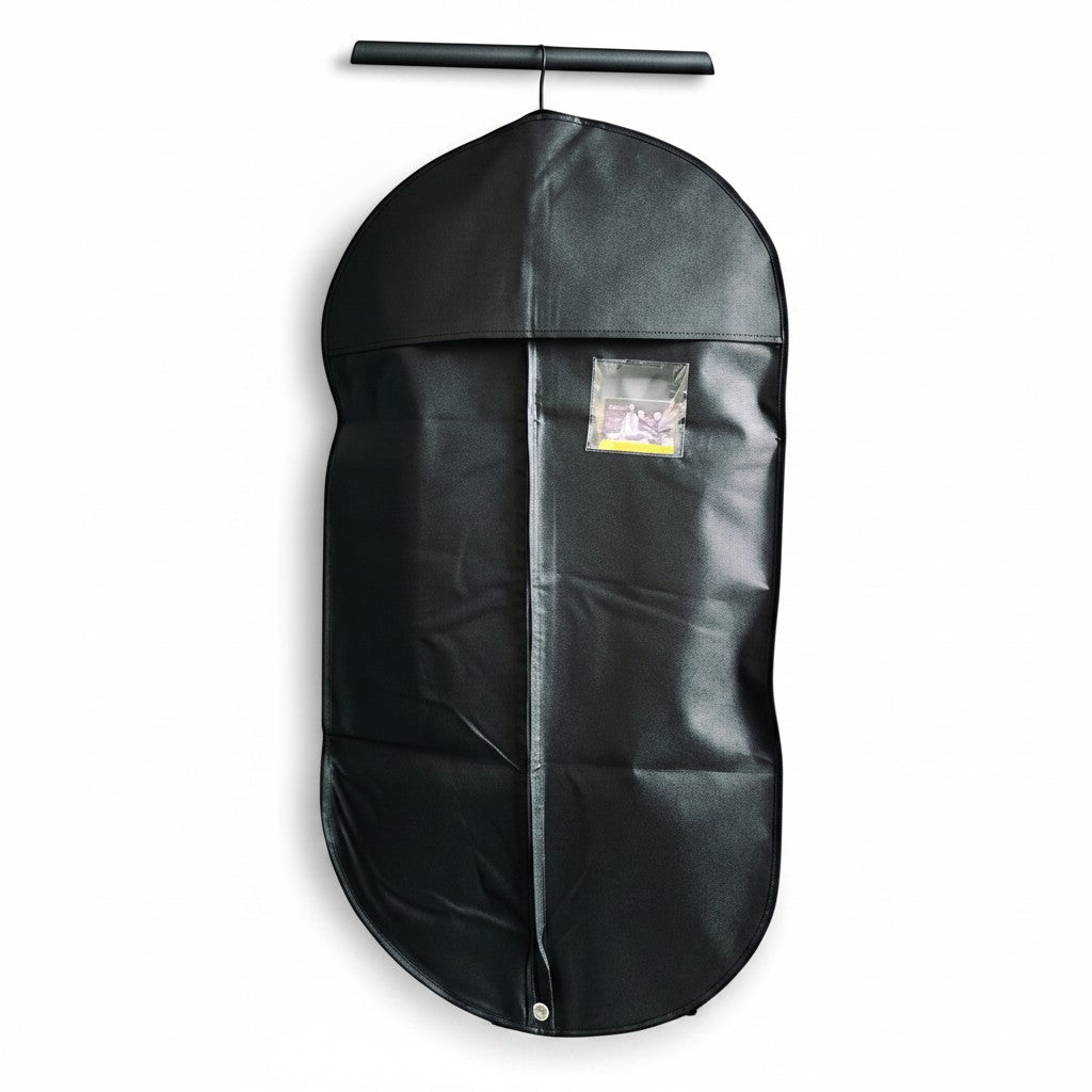SuperSellerS black non-woven garment bag for suits, 60x110 cm, featuring a clear plastic label pocket.
