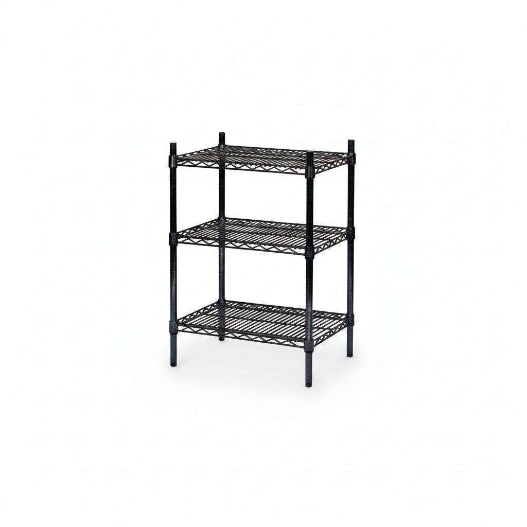 SuperSellerS black wire TUBO shelving unit with three tiers for retail display and storage